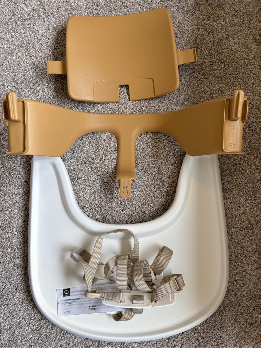 Stoke tan and White Child High Chair Tray and Harness Set.